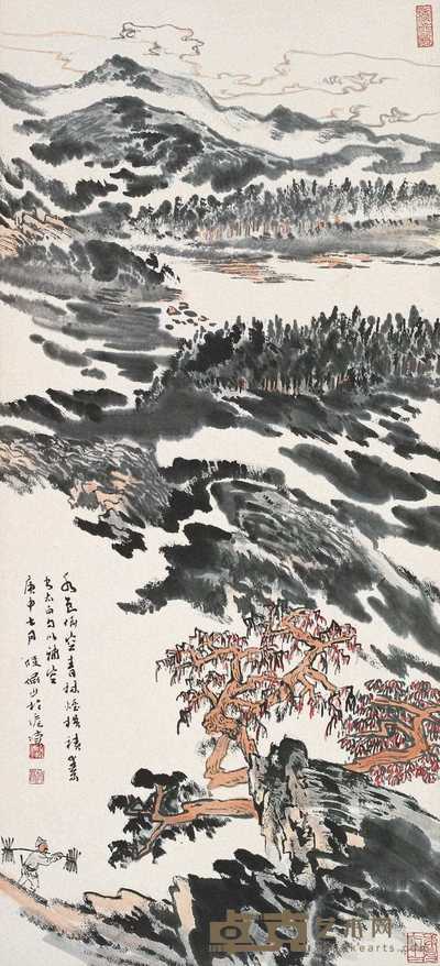陆俨少 1980年作 水色倒空青 镜心 95.5×43.5cm